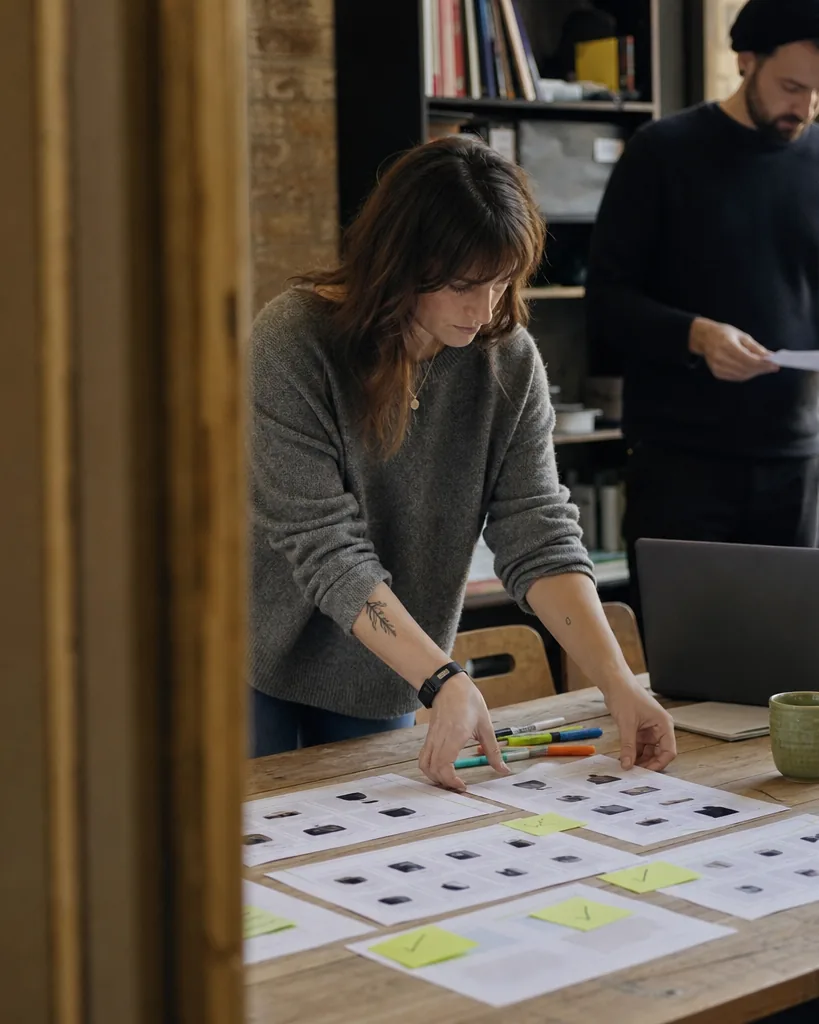 Marketing lead comparing printed tool comparison sheets on a table