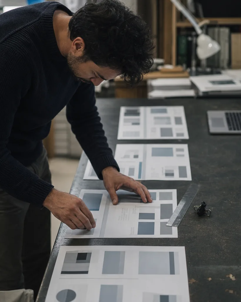 Analyst laying out printed report pages in order on a large table