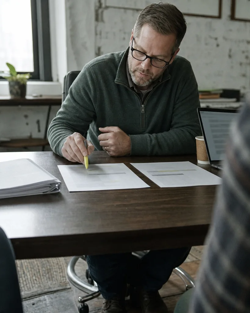 Communications director comparing printed vendor quotes for media monitoring at a meeting table