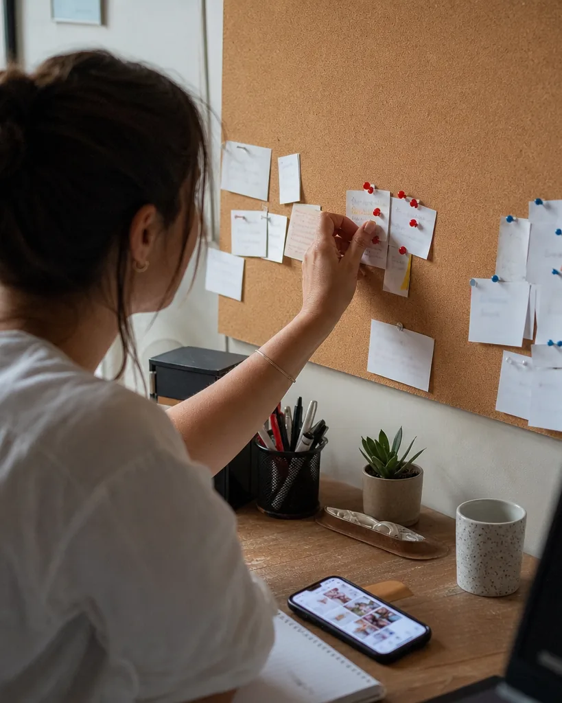 Community manager pinning handwritten theme cards into clusters on a cork board