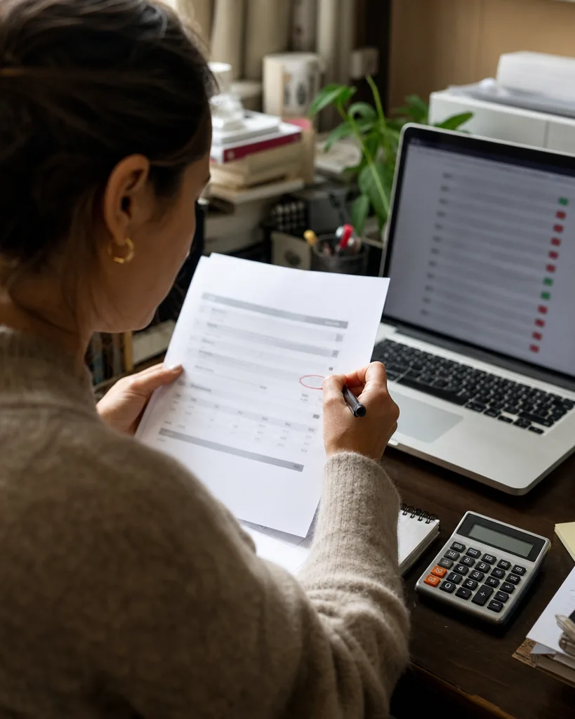 Small business marketer reviewing a software renewal invoice beside a laptop list of mention alerts