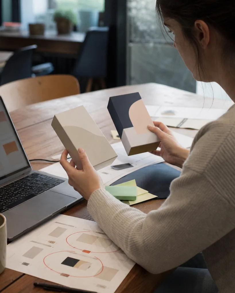 Product marketer comparing two rival products with printed pages and a laptop