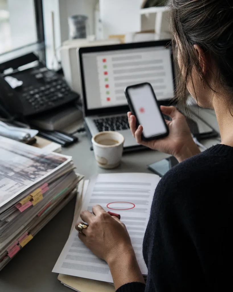 Communications manager glancing at a phone alert at her desk, with a laptop feed of mention rows tagged red and green out of focus behind it