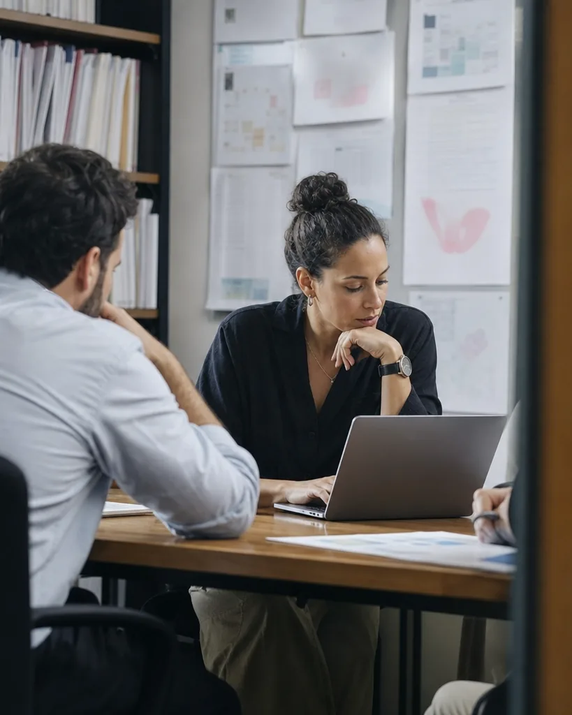 Agency account manager in front of a board of printed client reports