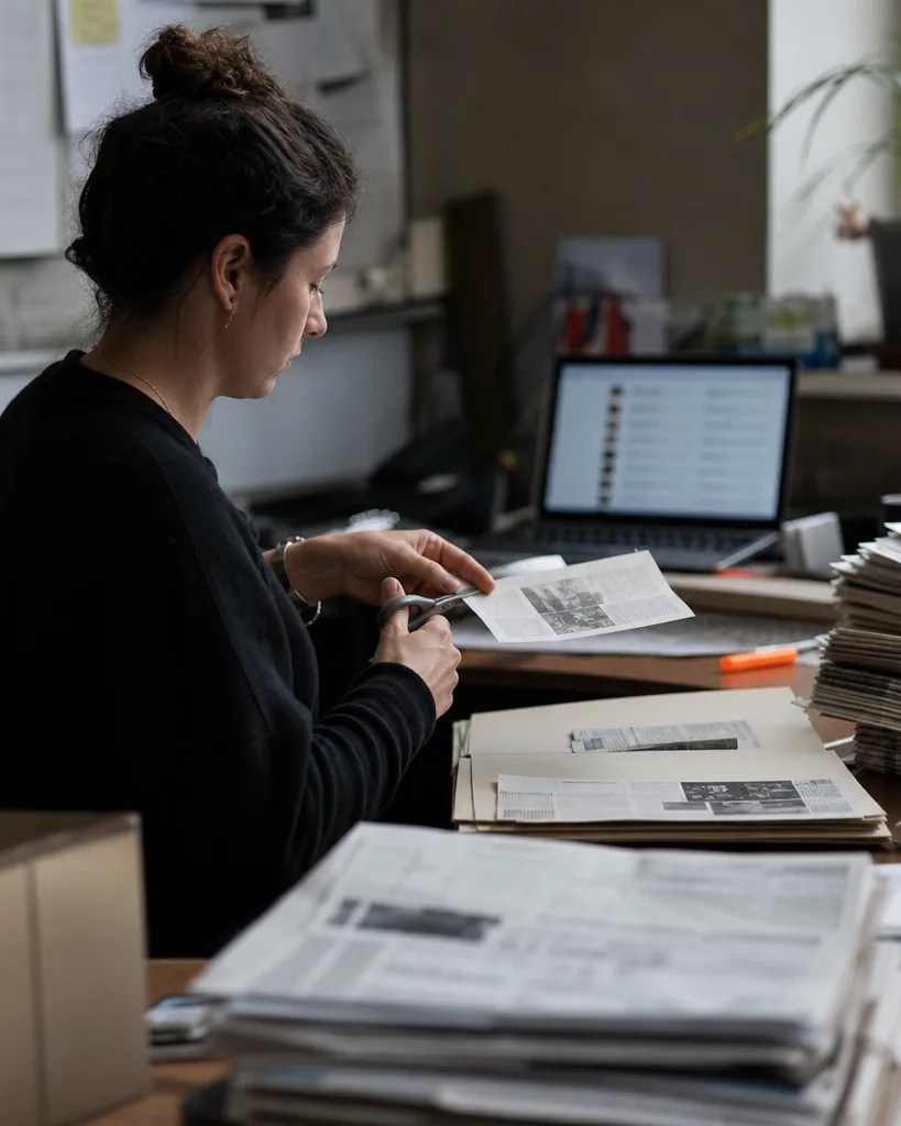 Press officer sorting printed newspaper articles next to a laptop list of headlines