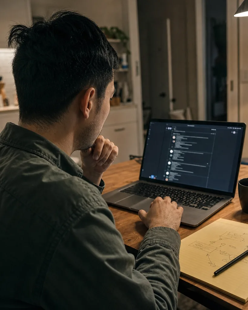 Product manager reading a nested discussion thread on a laptop and taking notes
