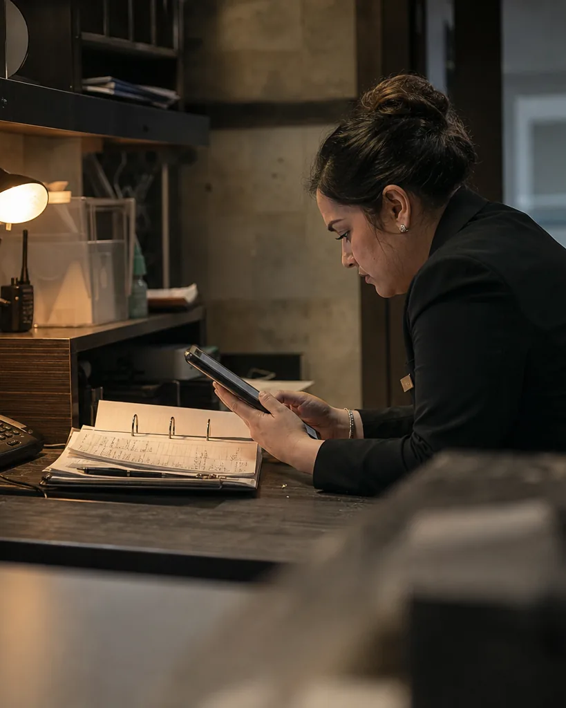 Hotel duty manager in the back office reading a guest review on a tablet next to a printed complaint form