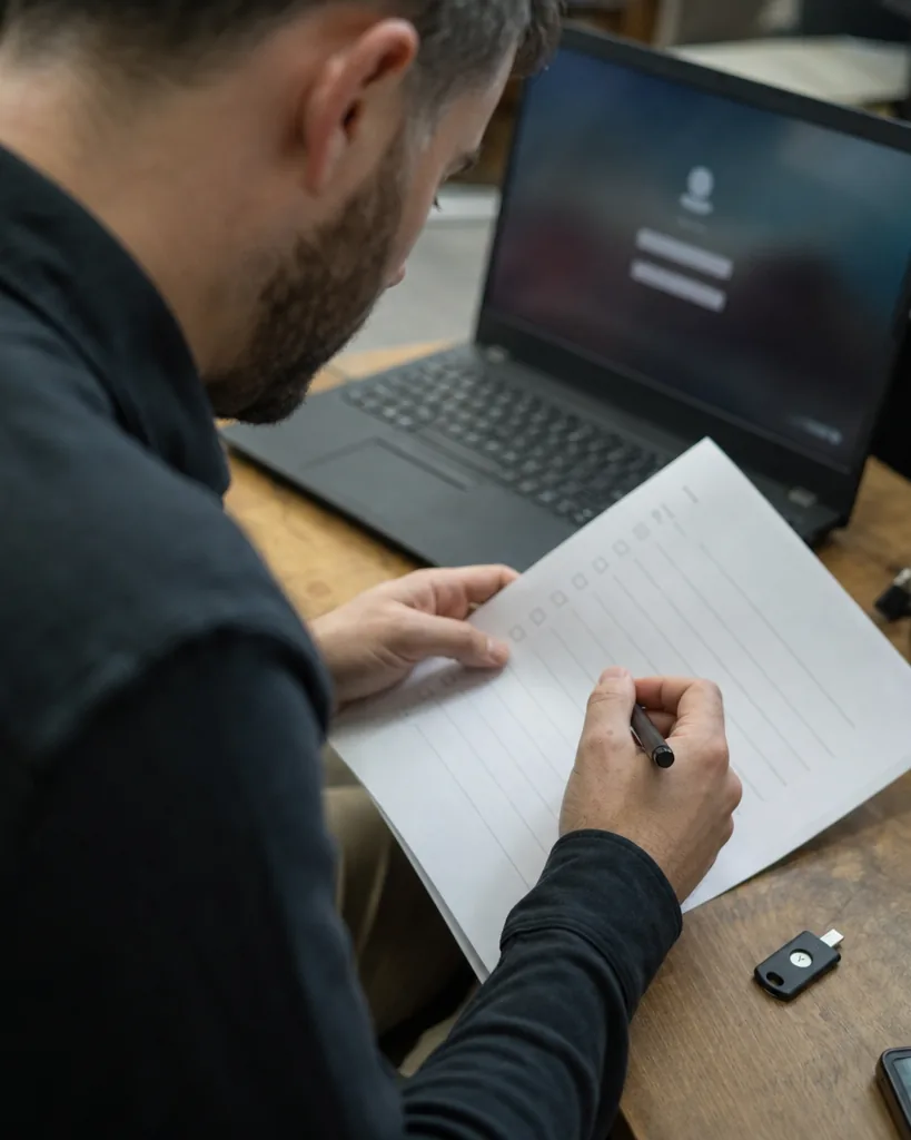 IT security reviewer working through a vendor questionnaire with a laptop and a security key