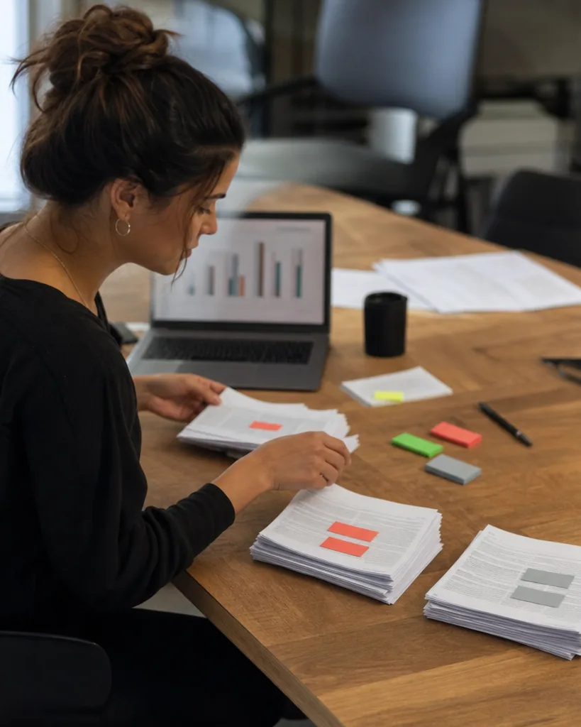 Customer experience analyst sorting printed comments into piles marked red, green and grey