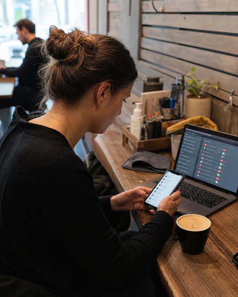 Social media manager scrolling public comments on her phone with a laptop feed of flagged posts beside her