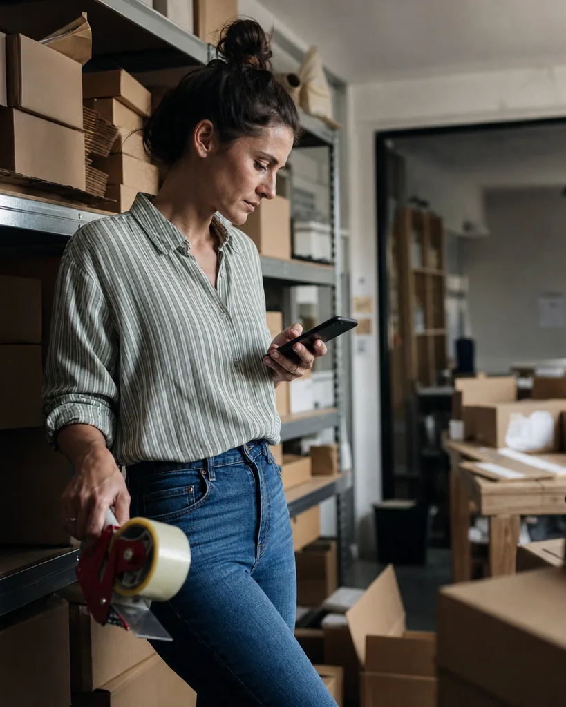 Founder in a stock room glancing at a phone notification between packed orders