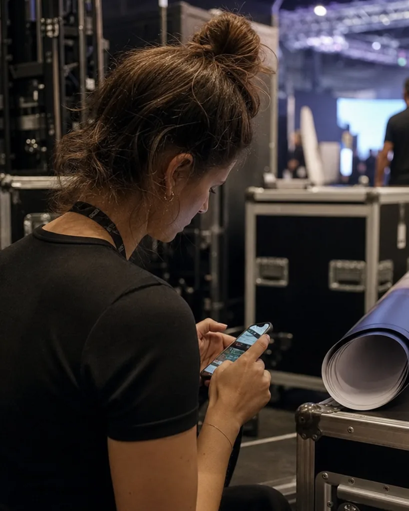 Event marketer backstage checking a stream of public posts on his phone